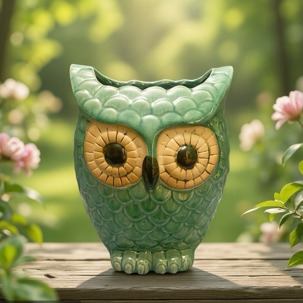 Ceramic Owl Planter Vase Green Glazed Big eyes